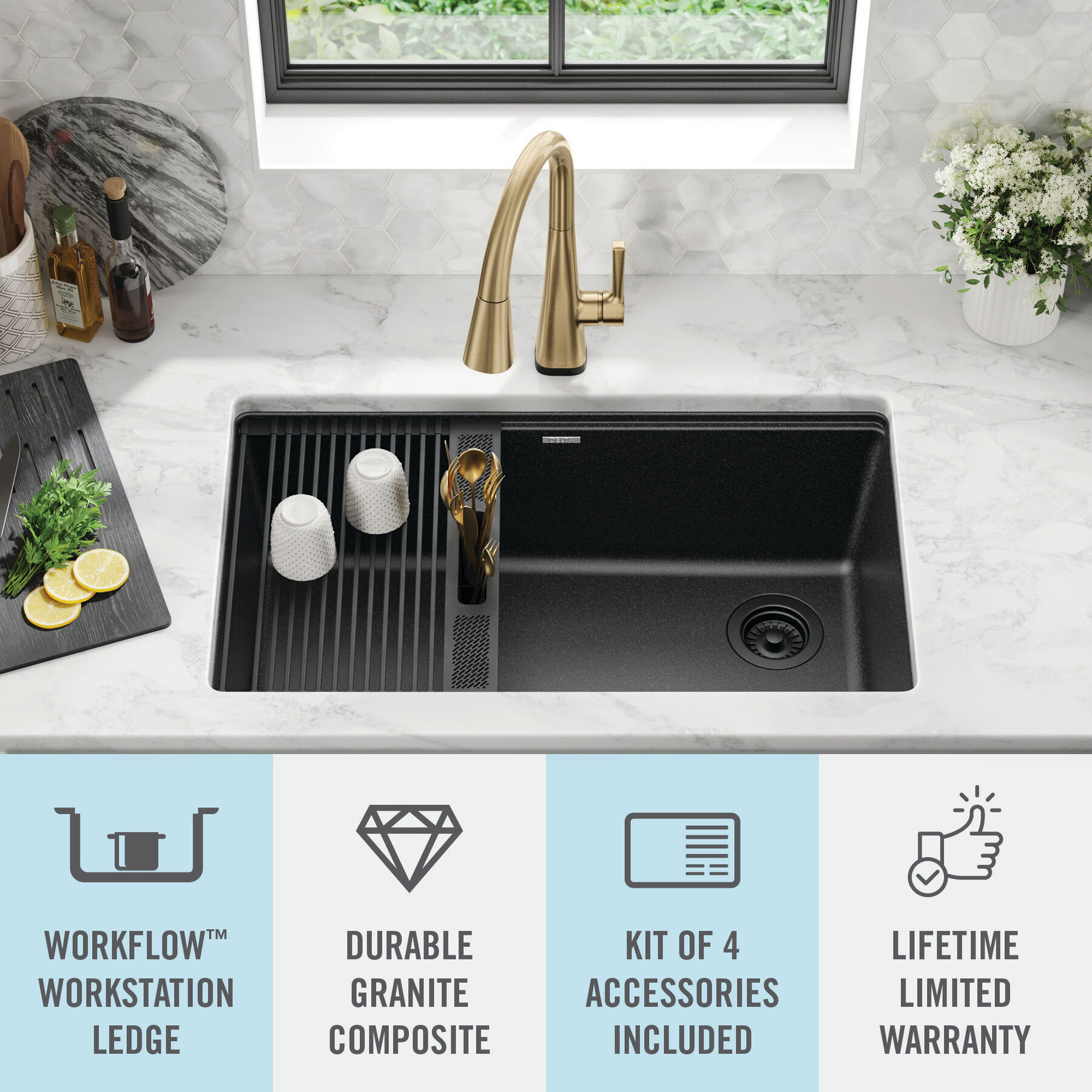 32” Granite Composite Workstation Kitchen Sink Undermount Single Bowl with WorkFlow™ Ledge and Accessories, image 16